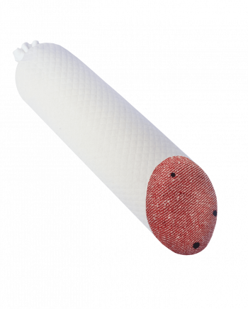 Die Nackenrolle von Aufschnitt Berlin ist ein gemütliches Nackenkissen in textilem Wurstdesign. Das Wurstkissen erhält seine Fleischoptik durch seine aufgeschnittene Seite. 